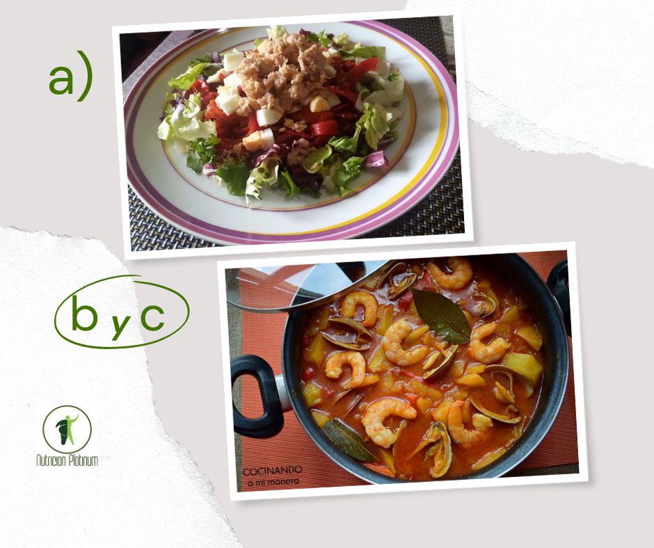 Ensalada de pimientos asados atún y huevo con patatas guisadas a la marinera